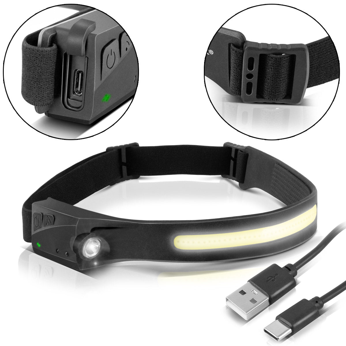 Lámpara LED de acero ALS-350 ST Potente Lámpara de luz / luz de trabajo / frente con batería integrada, conexión USB-C, 5 modos de luz y sensor