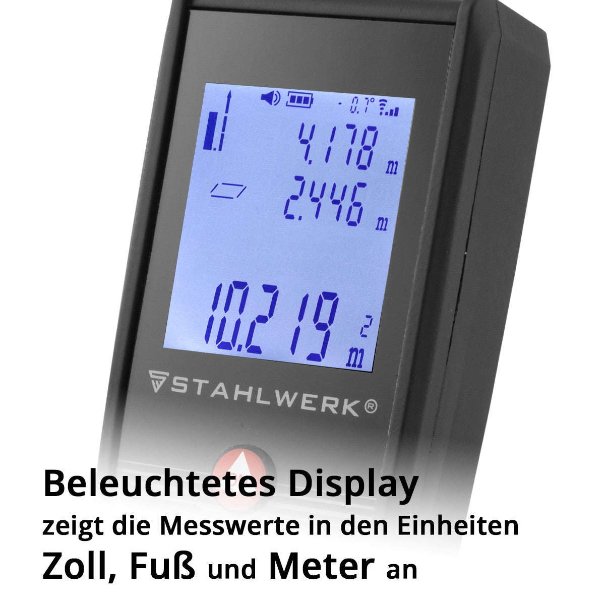 Telémetro láser STAHLWERK LE-80 ST Medidor de distancia de hasta 80 m con pantalla digital LCD iluminada, medidor de distancias y telémetros para medir distancias y volúmenes con precisión en obras o en interiores