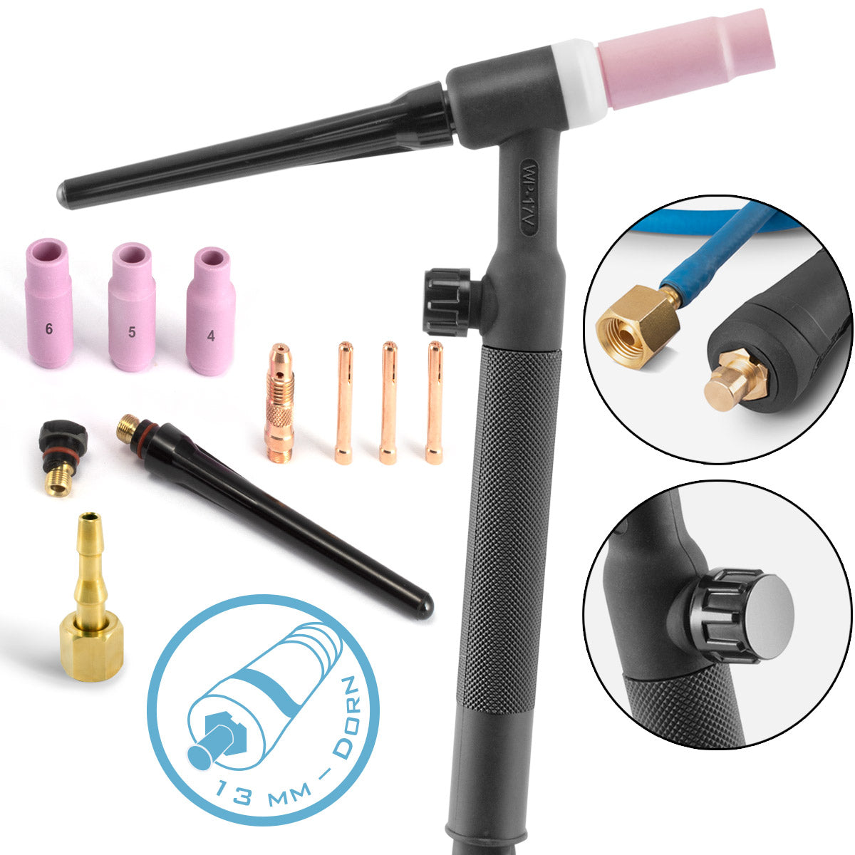 Steelworks WP-17V Universal Lift-Tig-burner / welding burner with 4 meters of hose package and 13 mm thorn for WIG / ARC welding