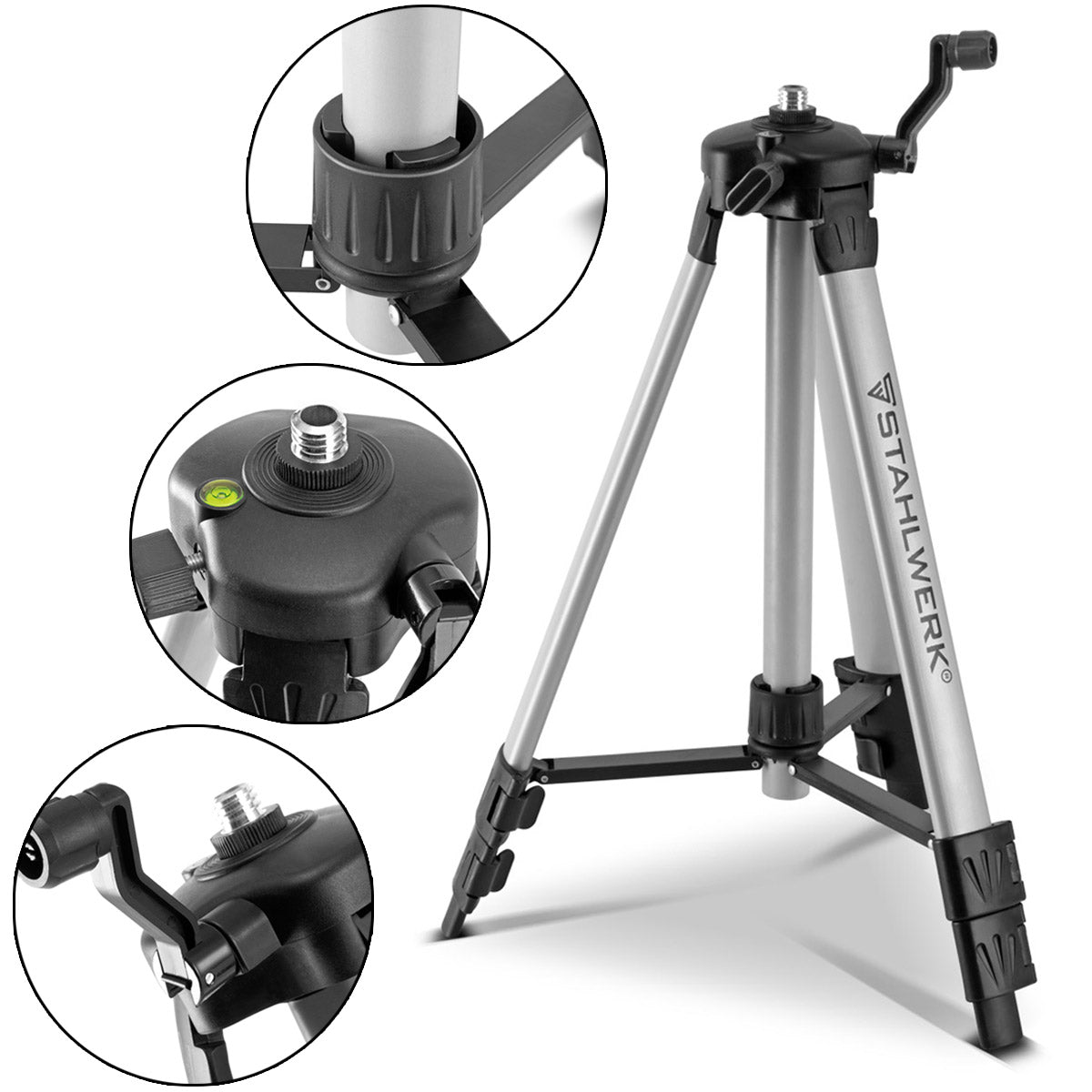 STAHLWERK Universal-Stativ für den STAHLWERK Kreuzlinienlaser KL-5 ST Teleskopstativ / Stativ / Dreibein-Stativ mit ausfahrbarer 280 mm Mittel-Säule, Kurbel und Nivellierlibelle