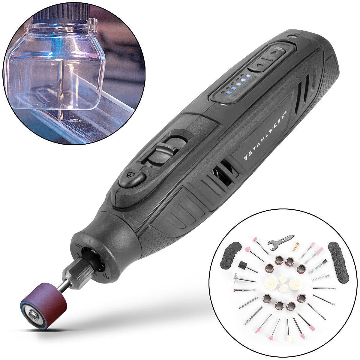 Steelworks battery multi-purpose grinder AMF-80 ST 5,000-25,000 rpm 2,000 mAh multifunctional tool / turning tool / grinding device / mini meal with 53-part accessories and USB charging cable