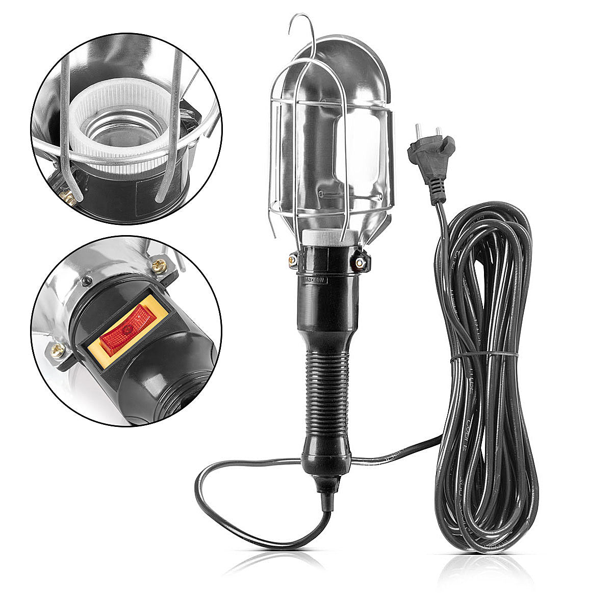 Lámpara de trabajo Steelworks con versión E27 hasta Max. Lámpara de taller de 60 W con cable de 10 m, ganchos colgantes y manija de goma, lámpara de construcción | Lámpara de trabajo | Ponga para reparaciones y trabajo de renovación