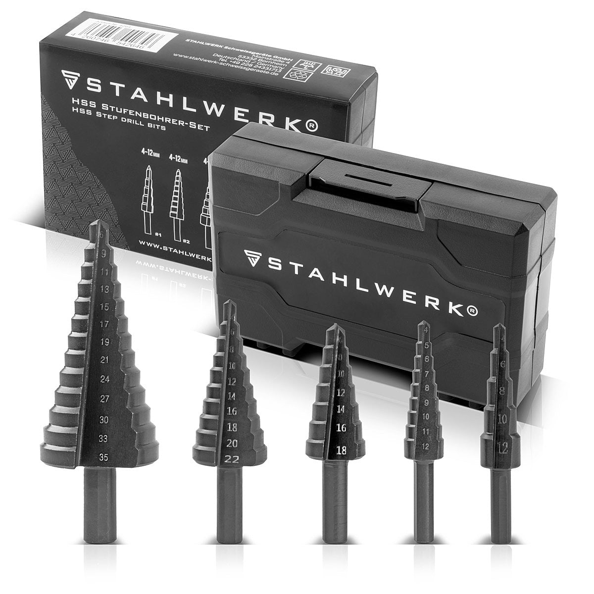 SEMINA SEMINGE HSS STEP / CONE SET 5 PAZI A CON IL MODO TIALN, PROPRIETÀ DI AZZAZIONE / METALE Abbassamento per perforazione precisa di acciai in lega e non legati, inclusa la scatola di deposito in plastica