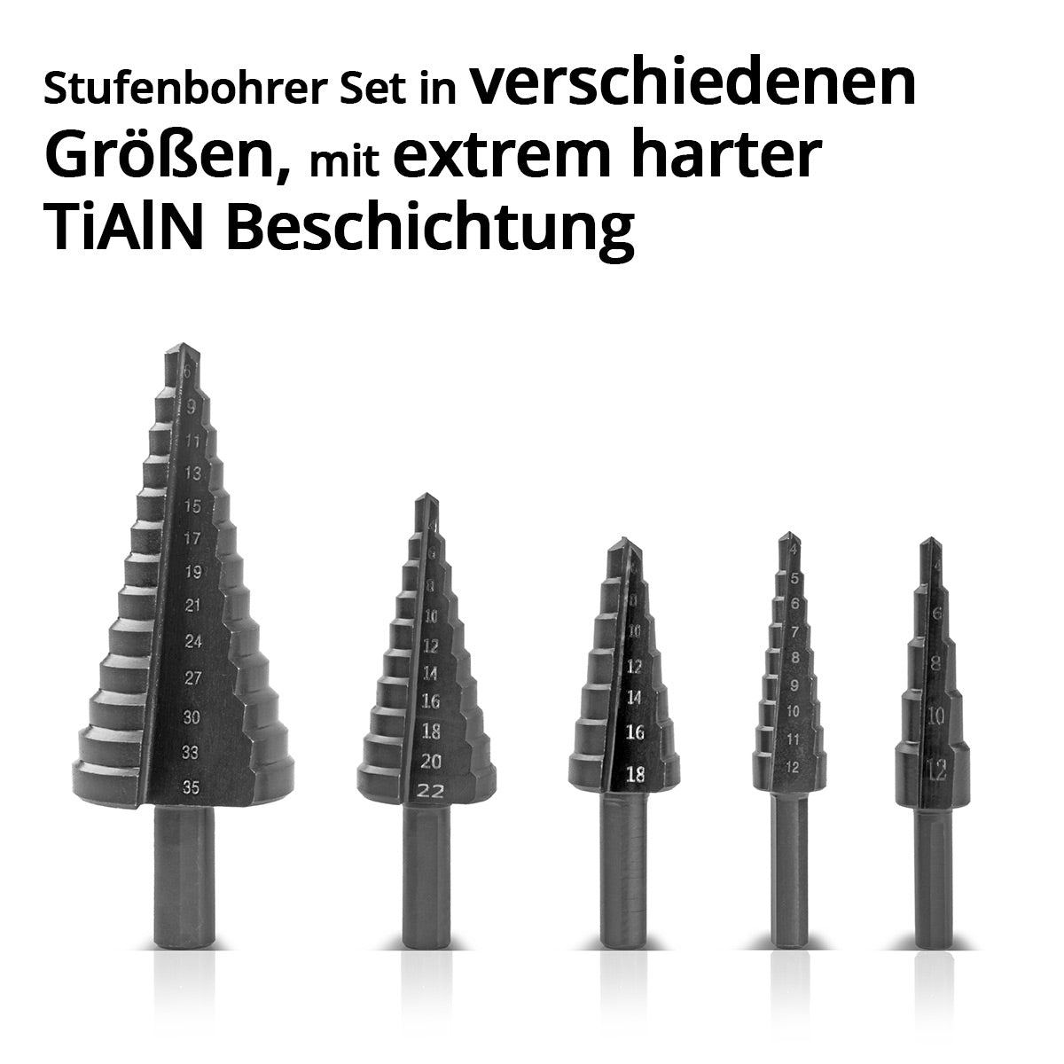 SEMINA SEMINGE HSS STEP / CONE SET 5 PAZI A CON IL MODO TIALN, PROPRIETÀ DI AZZAZIONE / METALE Abbassamento per perforazione precisa di acciai in lega e non legati, inclusa la scatola di deposito in plastica