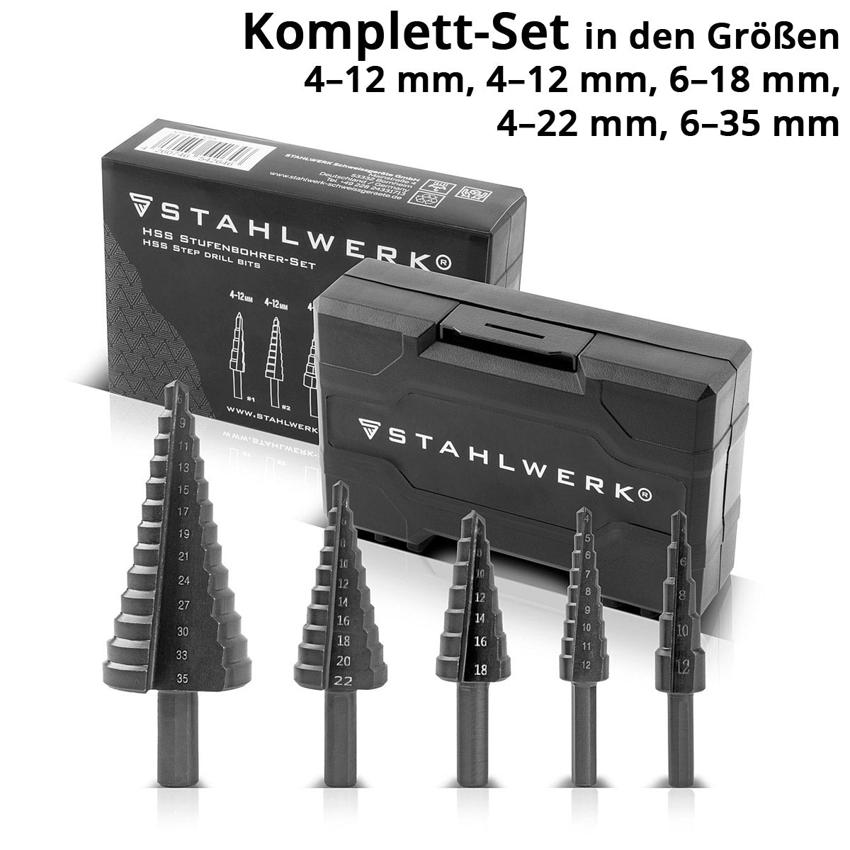 SEMINA SEMINGE HSS STEP / CONE SET 5 PAZI A CON IL MODO TIALN, PROPRIETÀ DI AZZAZIONE / METALE Abbassamento per perforazione precisa di acciai in lega e non legati, inclusa la scatola di deposito in plastica