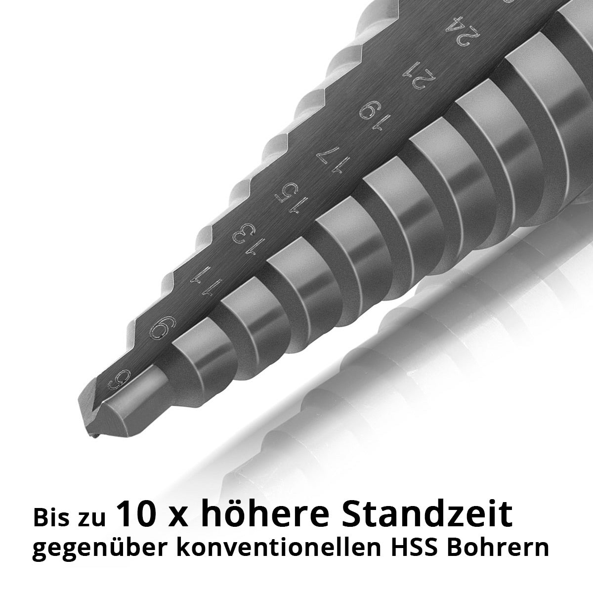 SEMINA SEMINGE HSS STEP / CONE SET 5 PAZI A CON IL MODO TIALN, PROPRIETÀ DI AZZAZIONE / METALE Abbassamento per perforazione precisa di acciai in lega e non legati, inclusa la scatola di deposito in plastica