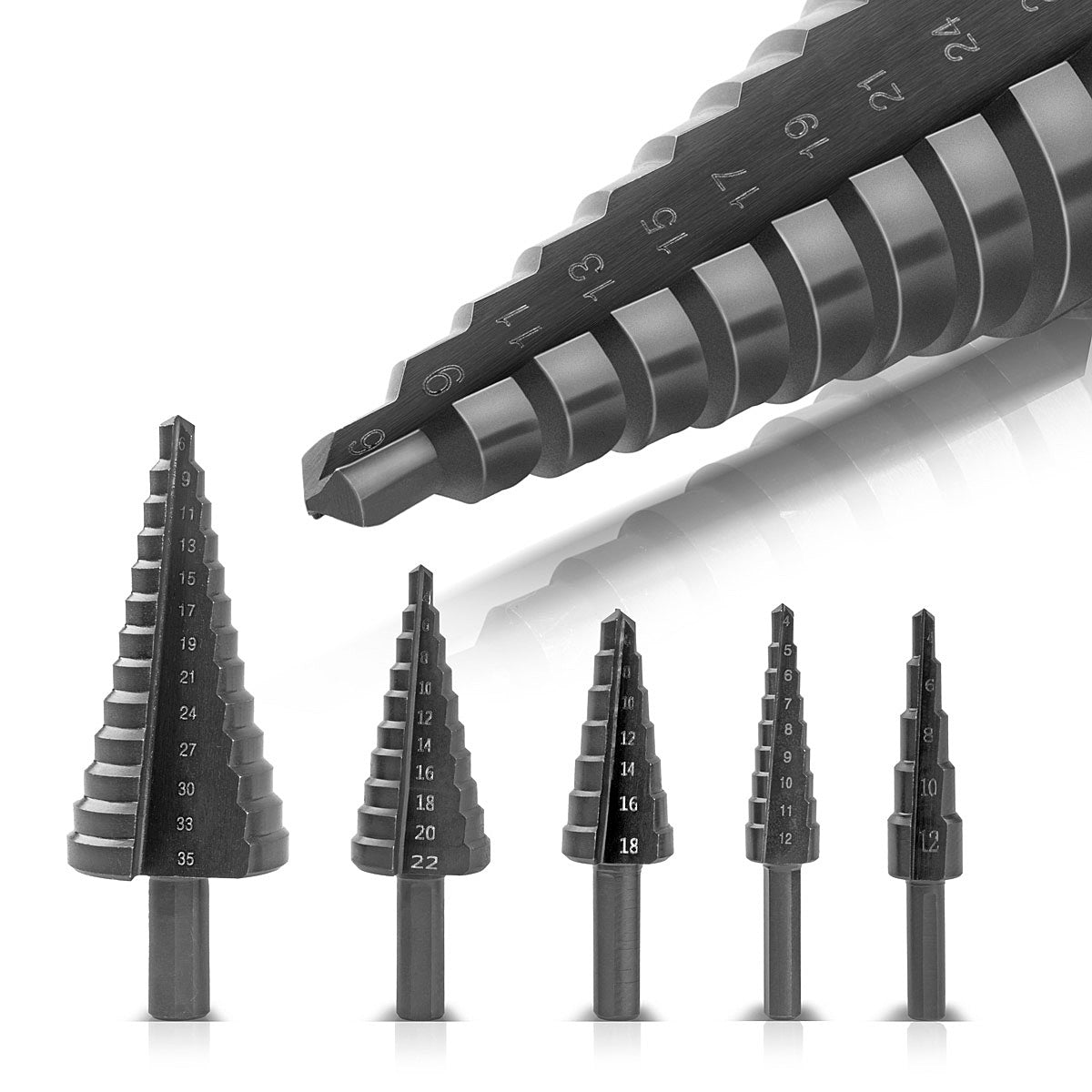 SEMINA SEMINGE HSS STEP / CONE SET 5 PAZI A CON IL MODO TIALN, PROPRIETÀ DI AZZAZIONE / METALE Abbassamento per perforazione precisa di acciai in lega e non legati, inclusa la scatola di deposito in plastica