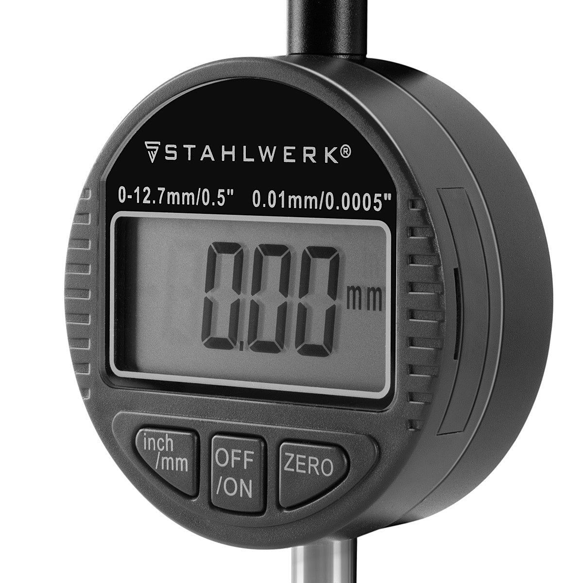 Steelworks Digital dial with 0-12.7 mm (0.5 ") measuring range, measuring button for precision measurements in millimeters and customs