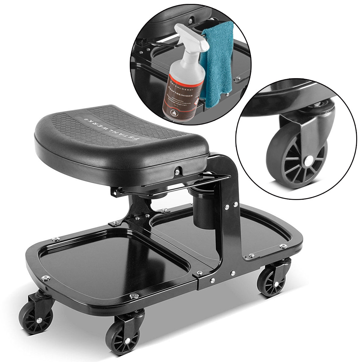 Steelworks workshop stool WRS-135 ST up to 135 kg resilient with two can / bottle holders, storage troughs, tool holders and cloth holes, workshop trolling / rolling seat with ball-bearing light row rollers