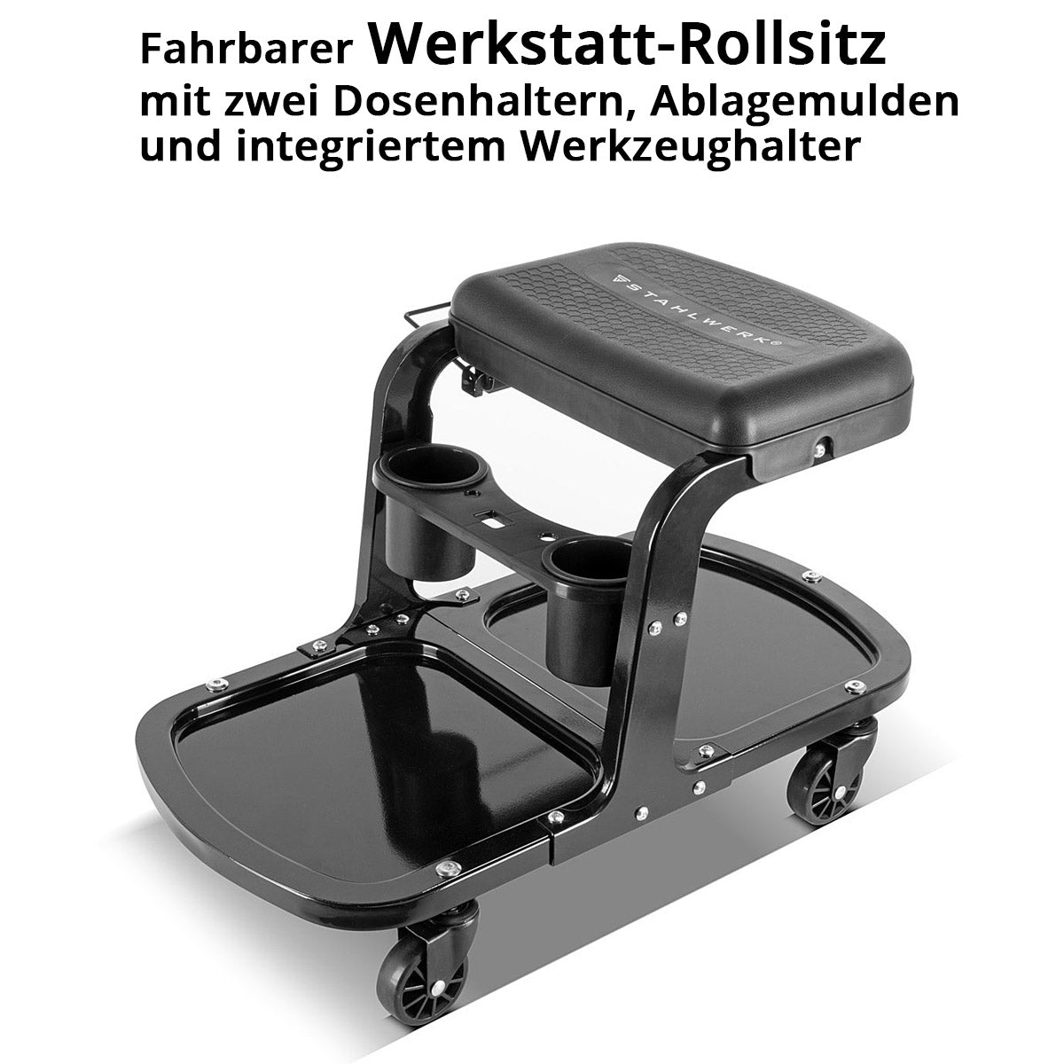 Steelworks workshop stool WRS-135 ST up to 135 kg resilient with two can / bottle holders, storage troughs, tool holders and cloth holes, workshop trolling / rolling seat with ball-bearing light row rollers