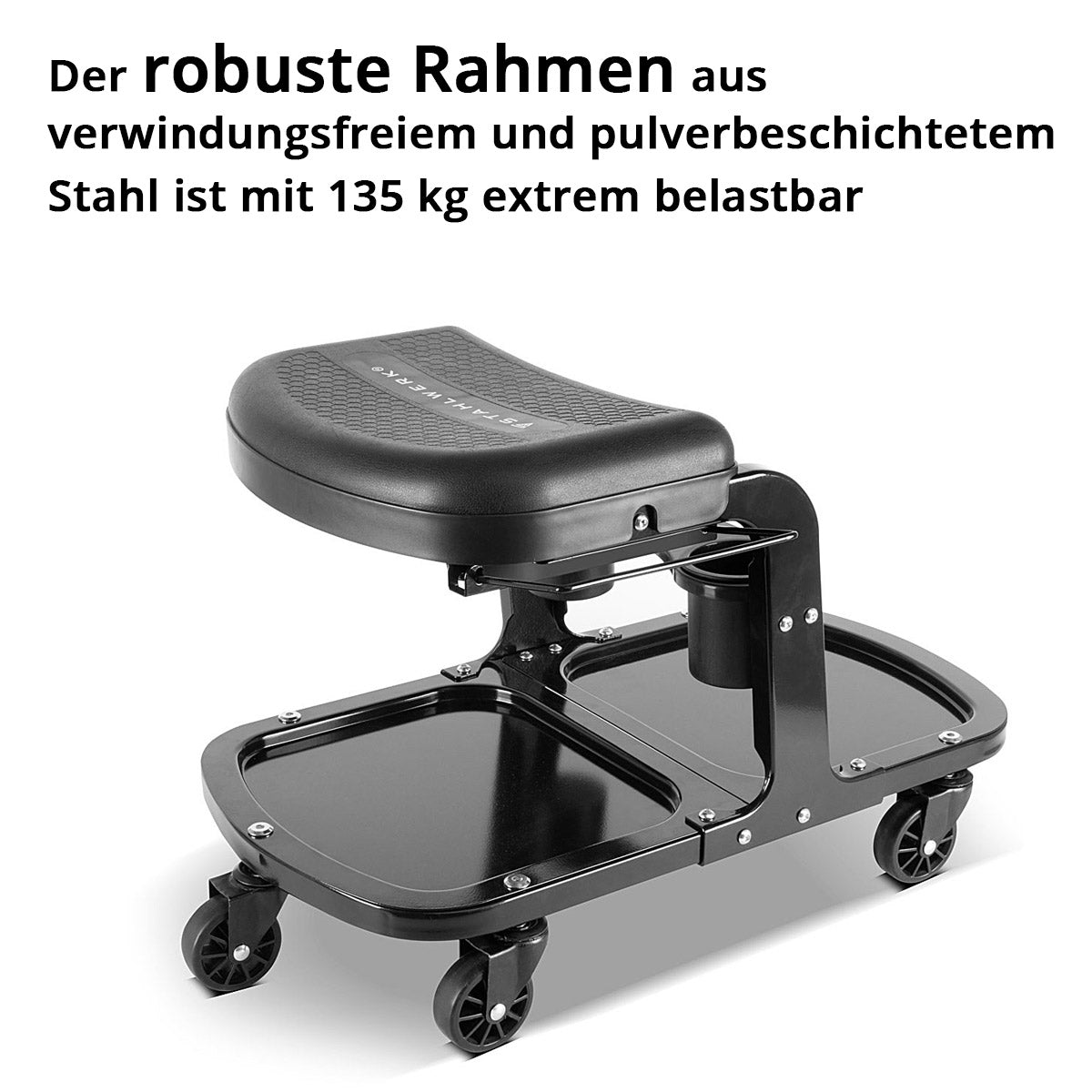STAHLWERK Werkstatthocker WRS-135 ST bis 135 kg belastbar mit zwei Dosen- / Flaschenhaltern, Ablagemulden, Werkzeughalter und Tuchhalterung, Werkstattrollsitz / Rollsitz mit kugelgelagerten Leichtlauf-Lenkrollen