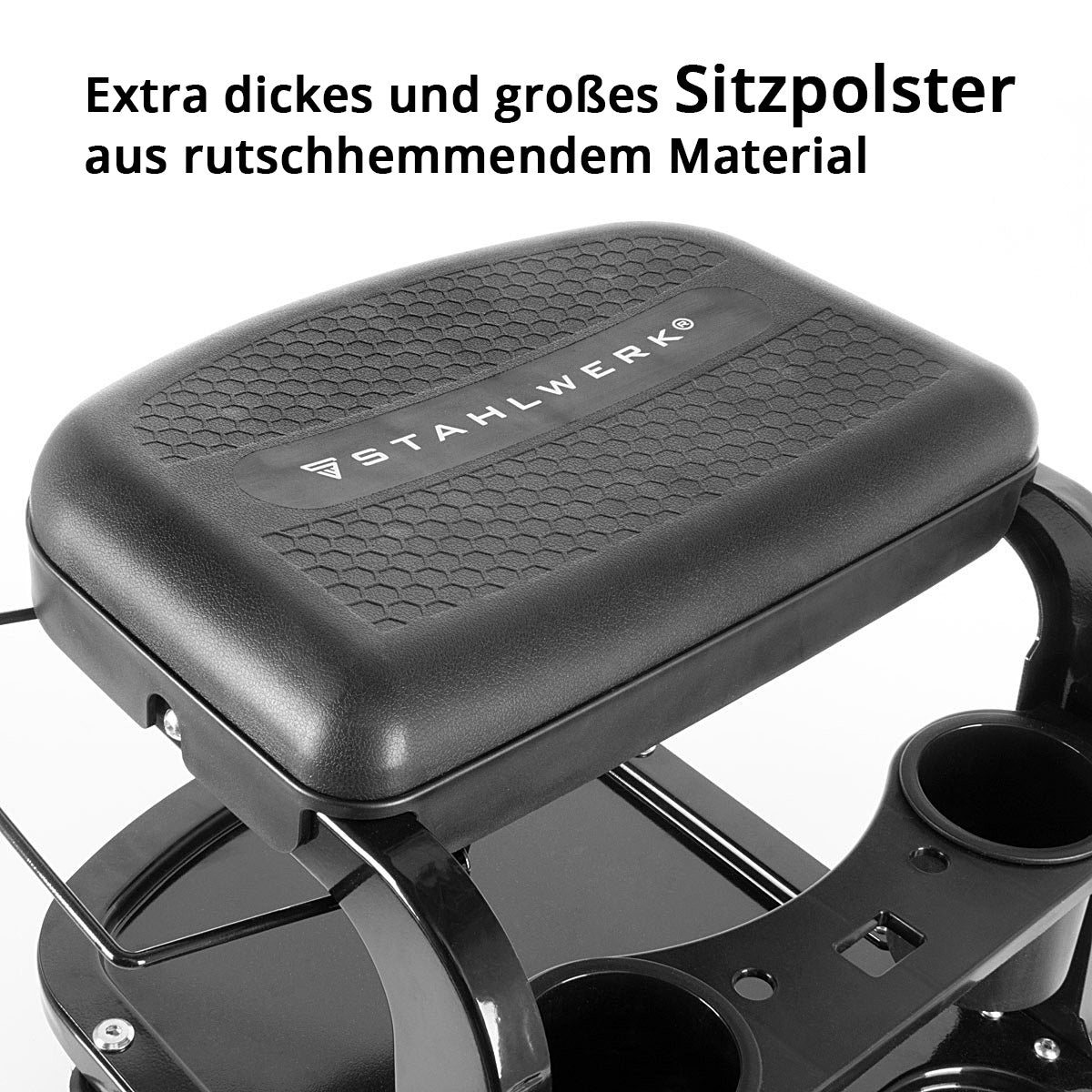 STAHLWERK Werkstatthocker WRS-135 ST bis 135 kg belastbar mit zwei Dosen- / Flaschenhaltern, Ablagemulden, Werkzeughalter und Tuchhalterung, Werkstattrollsitz / Rollsitz mit kugelgelagerten Leichtlauf-Lenkrollen