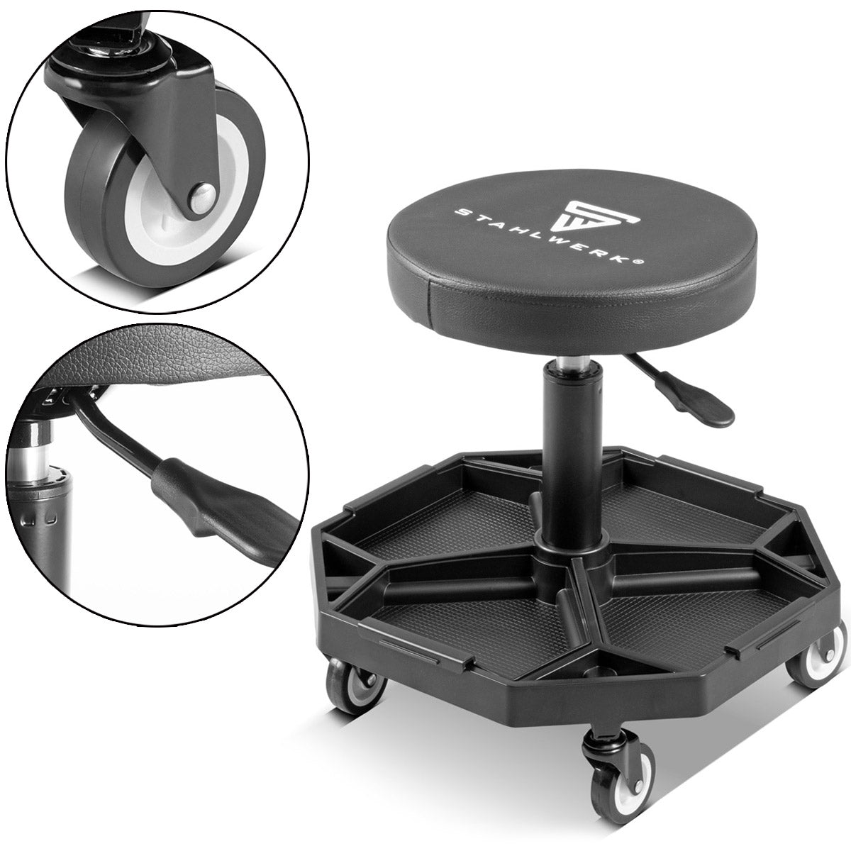 Steelworks height-adjustable workshop stool WRH-136 ST up to 136 kg resilient, 40-54 cm seat height, with four removable storage compartments, rolling seat / roller stool with ball-bearing light row rollers