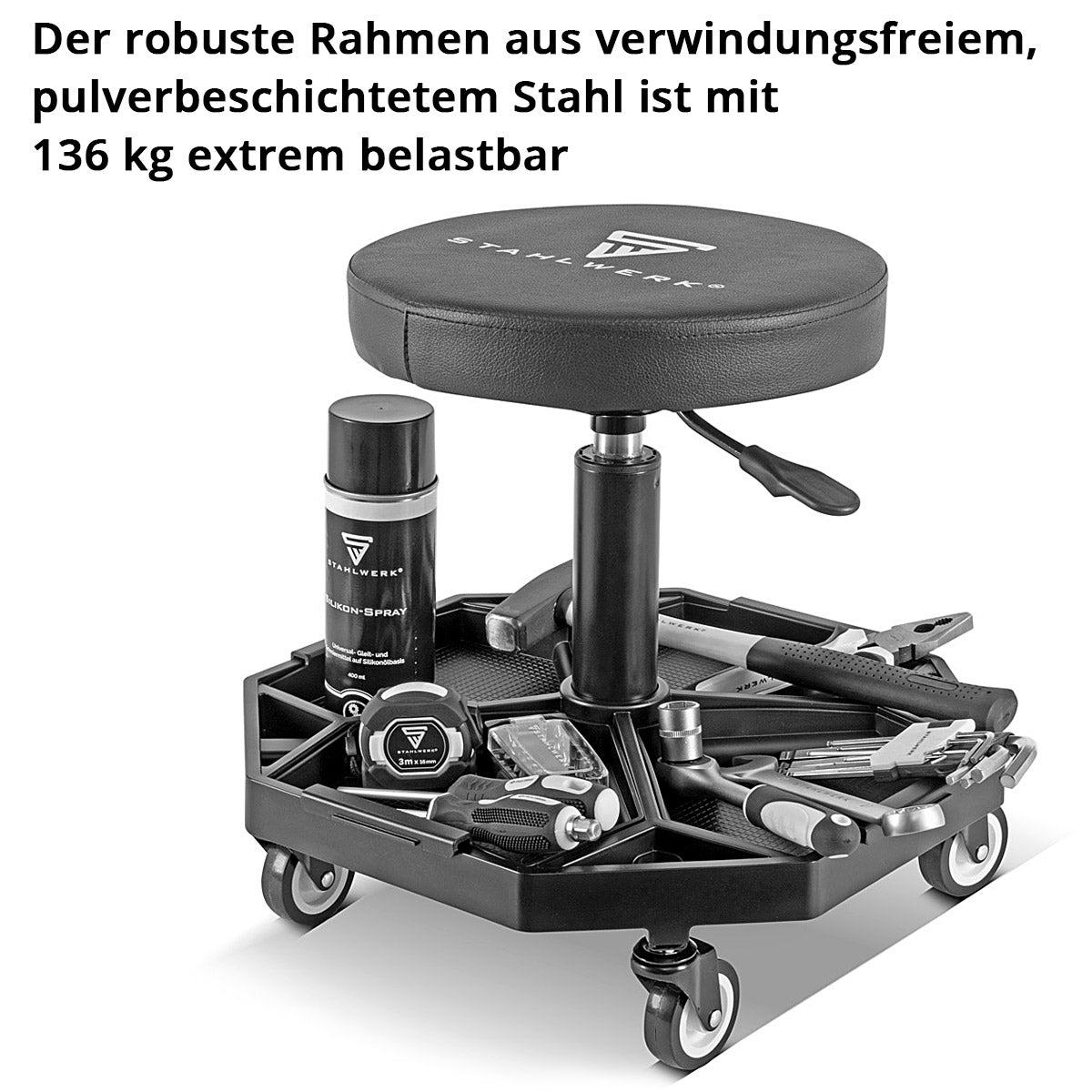 Steelworks height-adjustable workshop stool WRH-136 ST up to 136 kg resilient, 40-54 cm seat height, with four removable storage compartments, rolling seat / roller stool with ball-bearing light row rollers