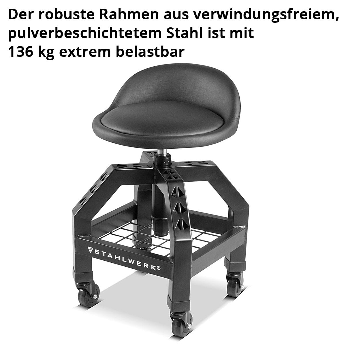 Steelworks height-adjustable workshop stool VWH-300 ST with large storage compartment, resilient up to 136 kg, 59-76 cm seat height, rolling seat / roller stool with ball-bearing light run rollers
