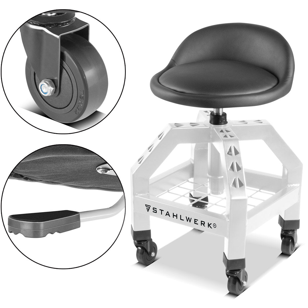 Steelworks height-adjustable workshop stool VWH-300 ST with large storage compartment, resilient up to 136 kg, 59-76 cm seat height, rolling seat / roller stool with ball-bearing light run rollers