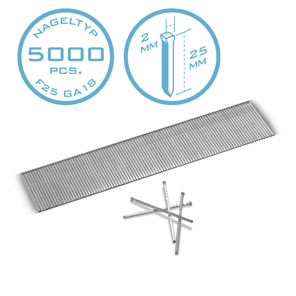 STAHLWERK Druckluft Nägel 25 mm Gauge 18 (1,25 x 1,05 mm) mit 2 mm Kopfbreite im 5000er Set Streifennägel | Tackernägel | Druckluft Stifte für Nagler, Nagelpistolen und Tacker
