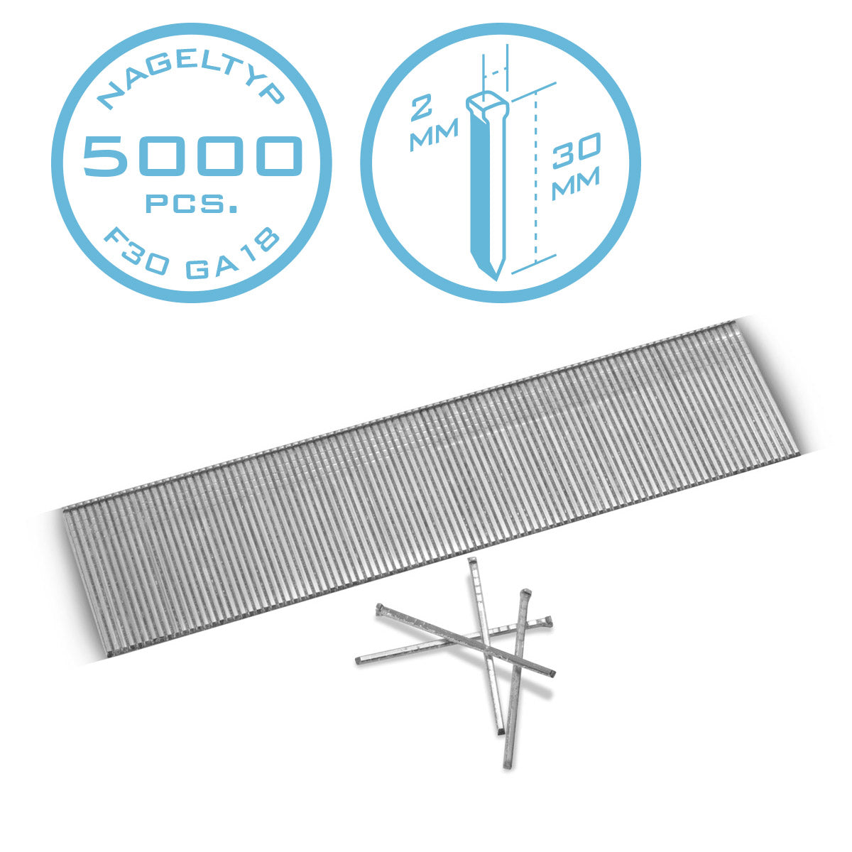 STAHLWERK Druckluft Nägel 30 mm Gauge 18 (1,25 x 1,05 mm) mit 2 mm Kopfbreite im 5000er Set Streifennägel | Tackernägel | Druckluft Stifte für Nagler, Nagelpistolen und Tacker