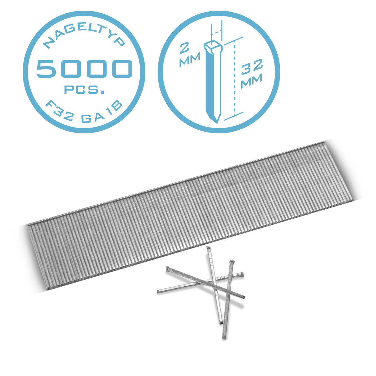STAHLWERK Druckluft Nägel 32 mm Gauge 18 (1,25 x 1,05 mm) mit 2 mm Kopfbreite im 5000er Set Streifennägel | Tackernägel | Druckluft Stifte für Nagler, Nagelpistolen und Tacker