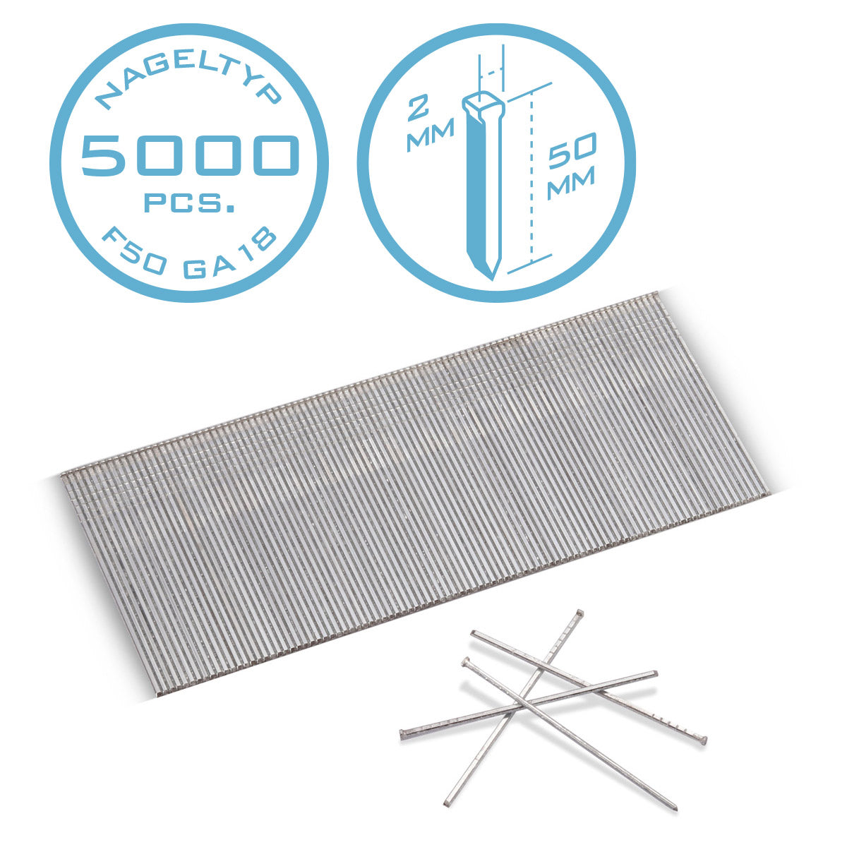 STAHLWERK Druckluft Nägel 50 mm Gauge 18 (1,25 x 1,05 mm) mit 2 mm Kopfbreite im 5000er Set Streifennägel | Tackernägel | Druckluft Stifte für Nagler, Nagelpistolen und Tacker