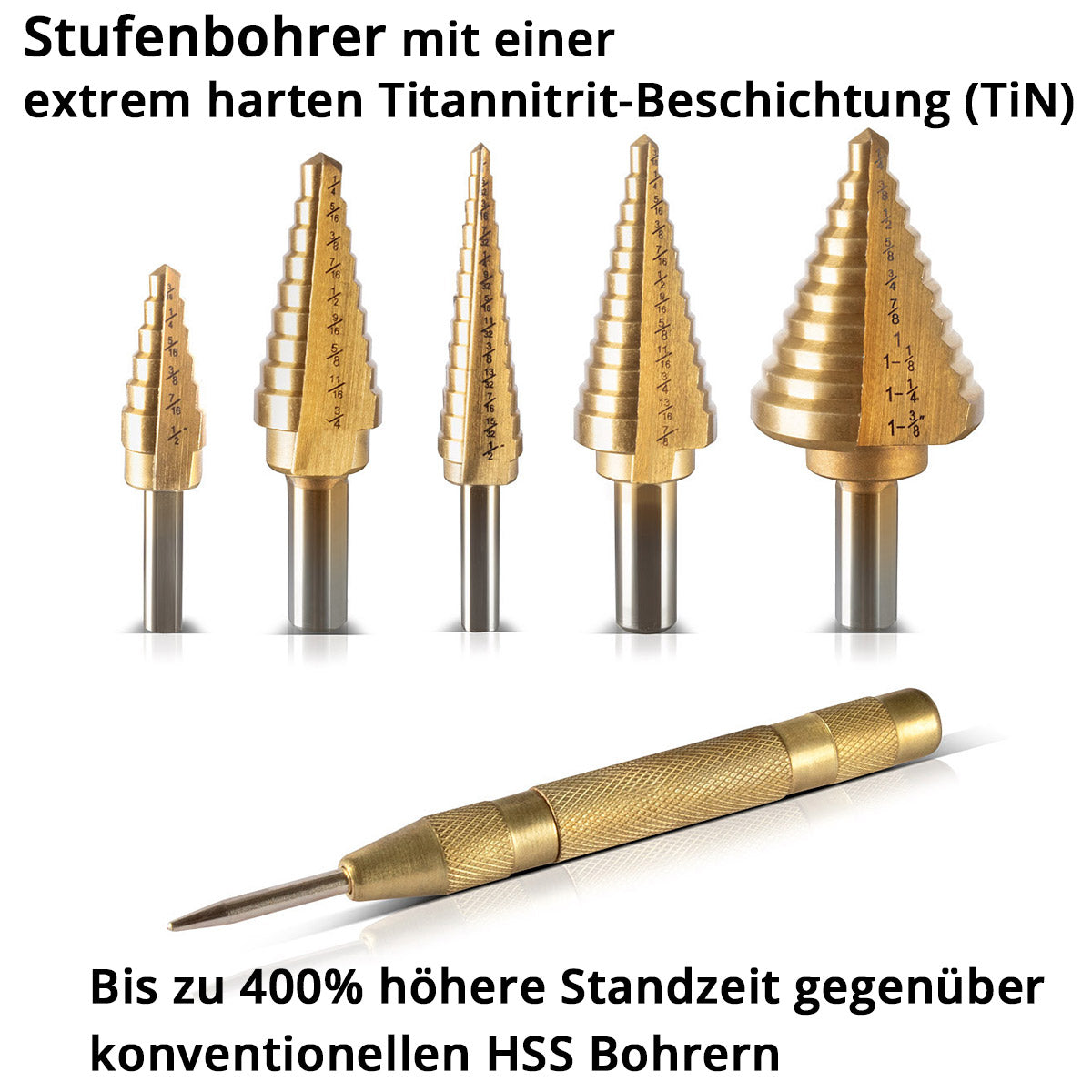 SETTORE HSS STEP / CONE PROPRIE SET SET 6 PARTS con rivestimento in latta, trapano in crancia / esercitazione in metallo per perforazione precisa di acciai in lega e non legati, inclusi cereali automatici e custodia in alluminio