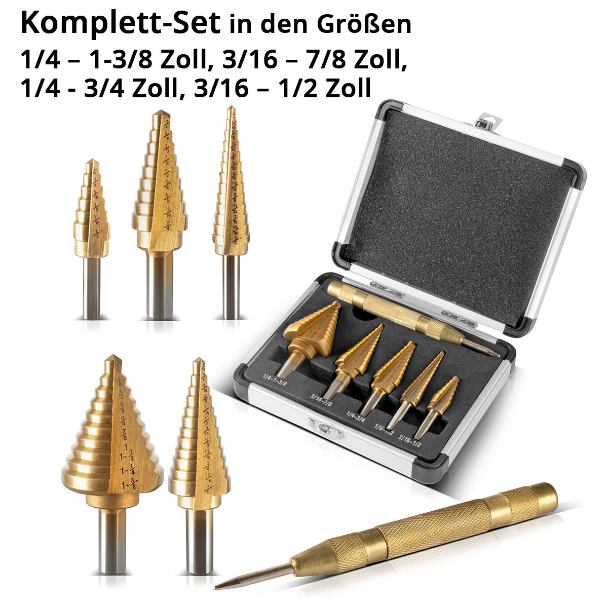 SETTORE HSS STEP / CONE PROPRIE SET SET 6 PARTS con rivestimento in latta, trapano in crancia / esercitazione in metallo per perforazione precisa di acciai in lega e non legati, inclusi cereali automatici e custodia in alluminio
