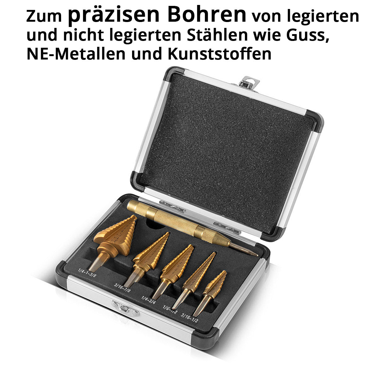SETTORE HSS STEP / CONE PROPRIE SET SET 6 PARTS con rivestimento in latta, trapano in crancia / esercitazione in metallo per perforazione precisa di acciai in lega e non legati, inclusi cereali automatici e custodia in alluminio