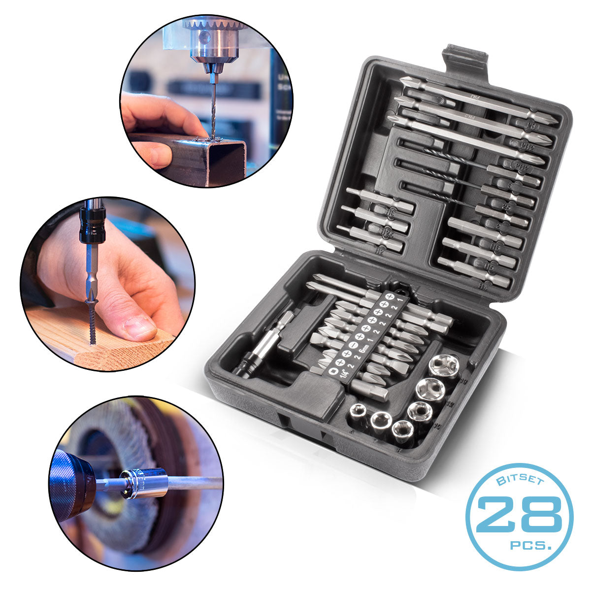STAHLWERK 28-teiliges Schraubendreher-Bit-Set mit Sechskant-Schaft für Akkuschrauber, Bitsatz und Stecknusssatz aus Chrom-Vanadium inklusive Transportbox | Schraubenzieher Set | Steckschlüsselsatz