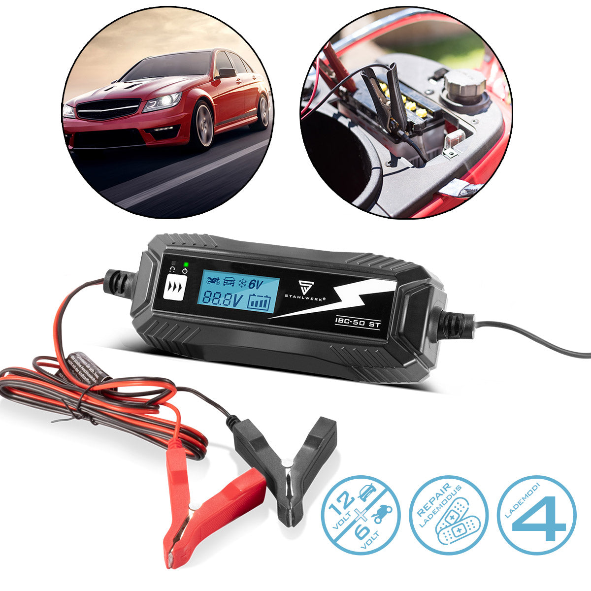 Cargador de batería Steelworks IBC-50 ST con microprocesador y 4 Ladedii para baterías de 6V/12V AGM, VRLA, MF, SLA y gel | Cargador inteligente para automóviles y motocicletas