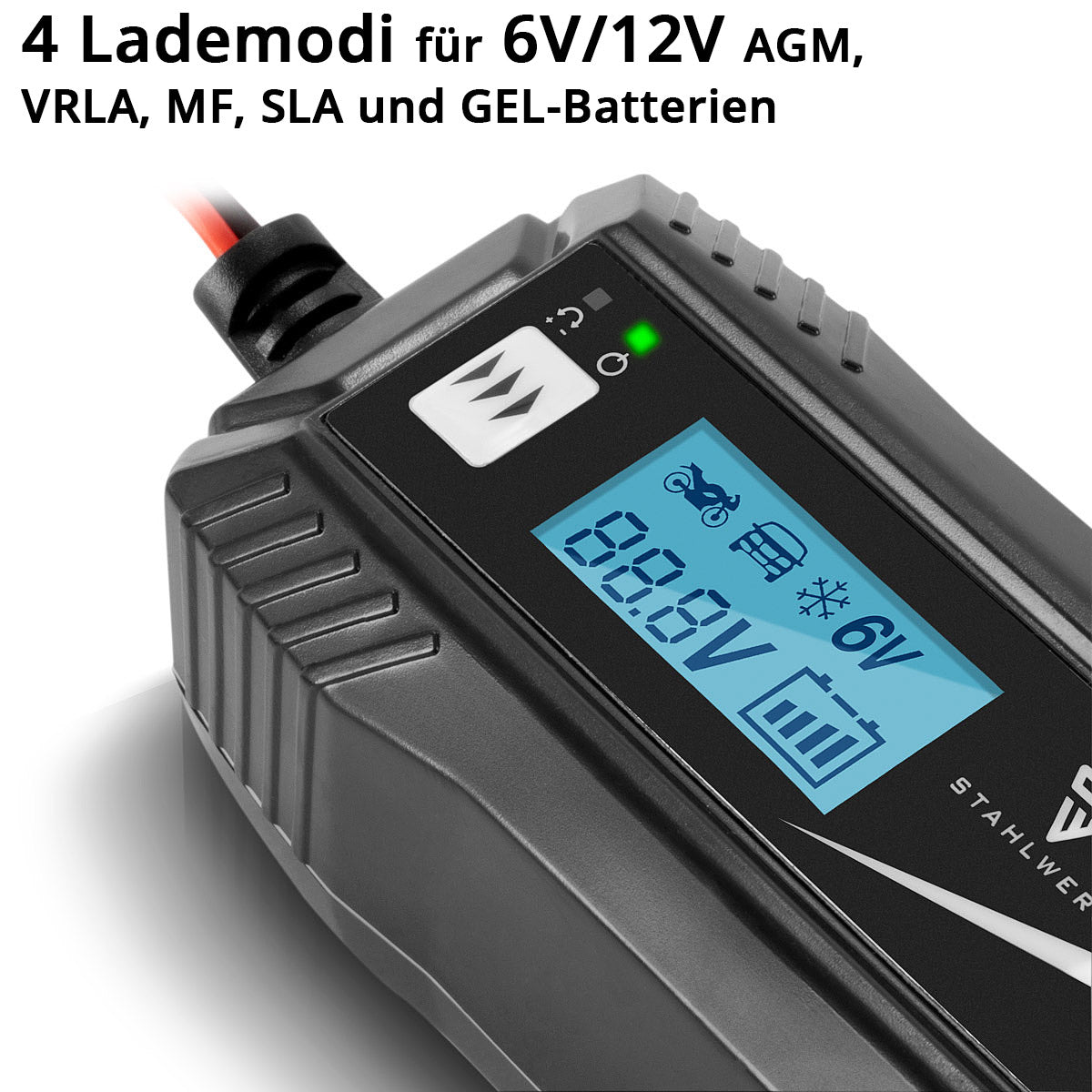 Cargador de batería Steelworks IBC-50 ST con microprocesador y 4 Ladedii para baterías de 6V/12V AGM, VRLA, MF, SLA y gel | Cargador inteligente para automóviles y motocicletas