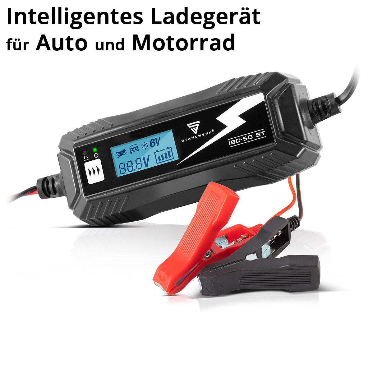 Steelworks Battery charger IBC-50 ST with microprocessor and 4 LADEDII for 6V/12V AGM, VRLA, MF, SLA and GEL batteries | Intelligent charger for car and motorcycle