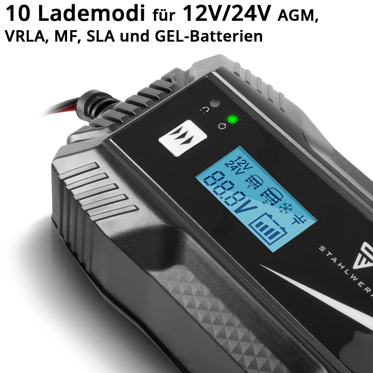 Cargador de batería Steelworks IBC-100 St con microprocesador y 10 Ladedii para 12V/24 V AGM, VRLA, MF, SLA y baterías de gel | Cargador inteligente para automóviles y motocicletas