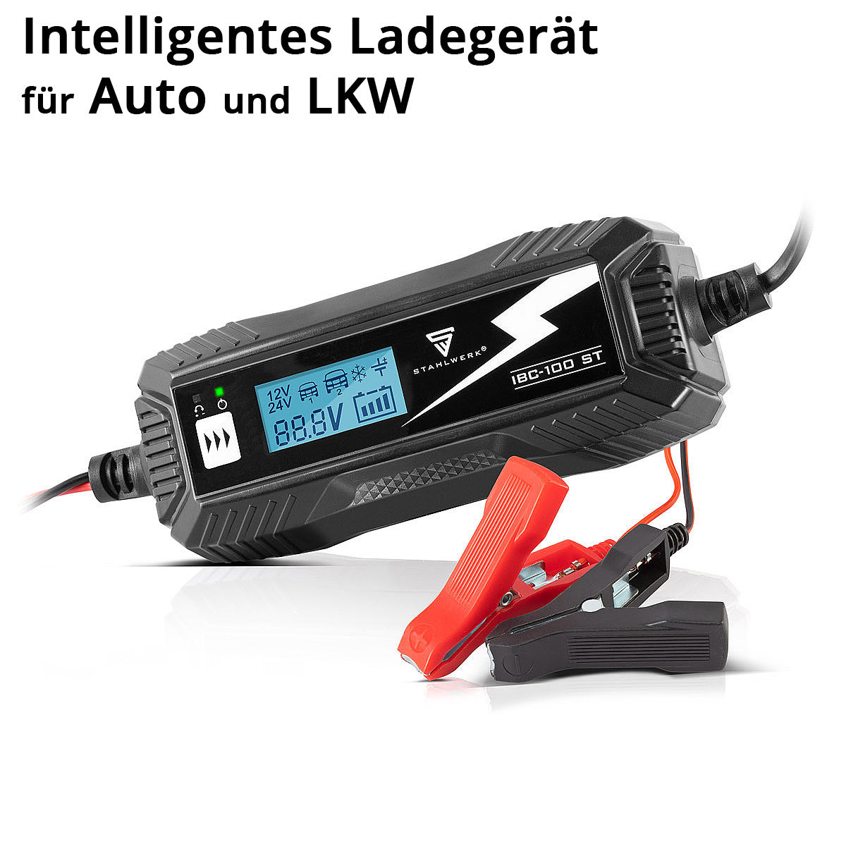 Caricatore della batteria in acciaio IBC-100 ST con microprocessore e 10 ladEdii per 12 V/24 V AGM, VRLA, MF, SLA e Gel Batterie | Caricatore intelligente per auto e moto