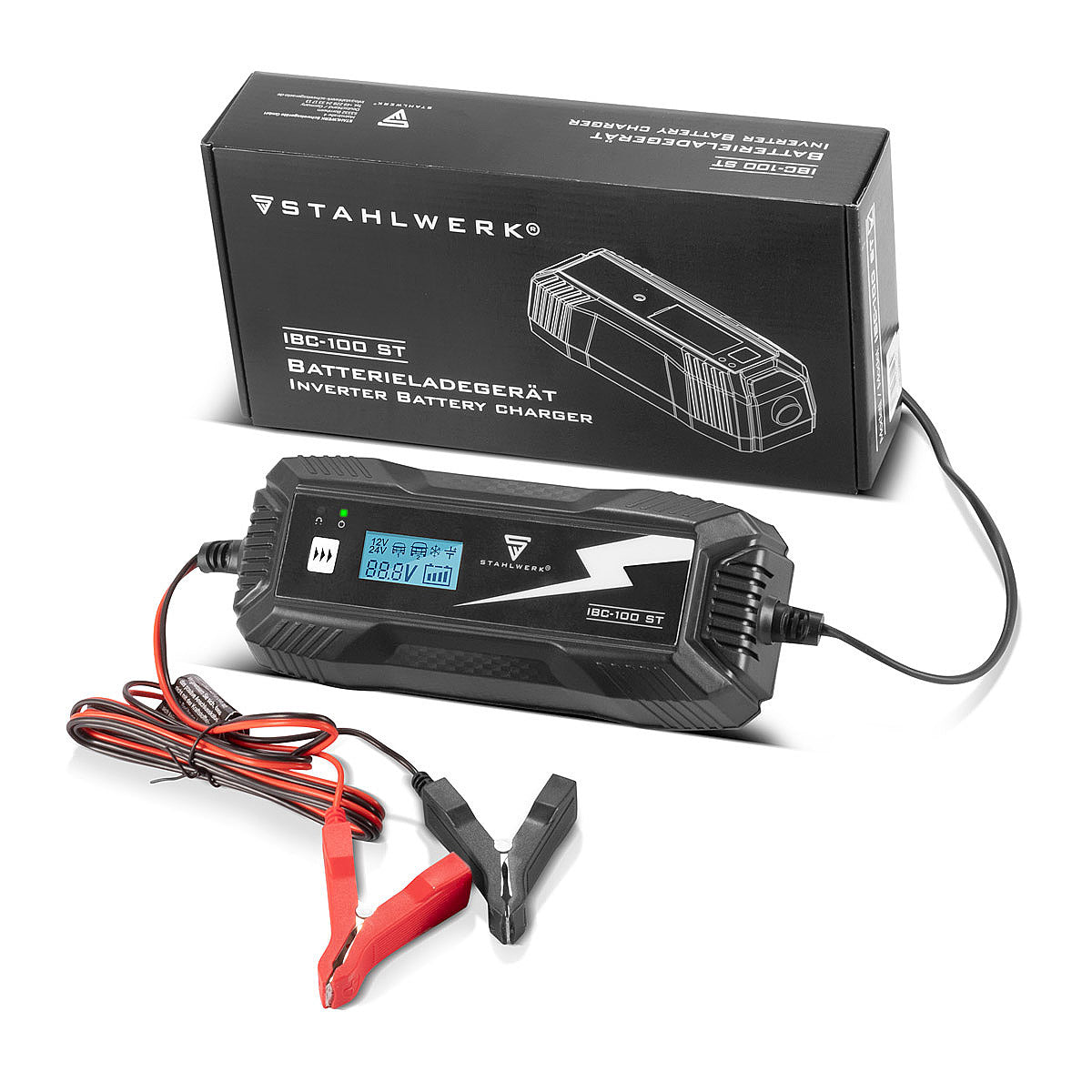 Caricatore della batteria in acciaio IBC-100 ST con microprocessore e 10 ladEdii per 12 V/24 V AGM, VRLA, MF, SLA e Gel Batterie | Caricatore intelligente per auto e moto
