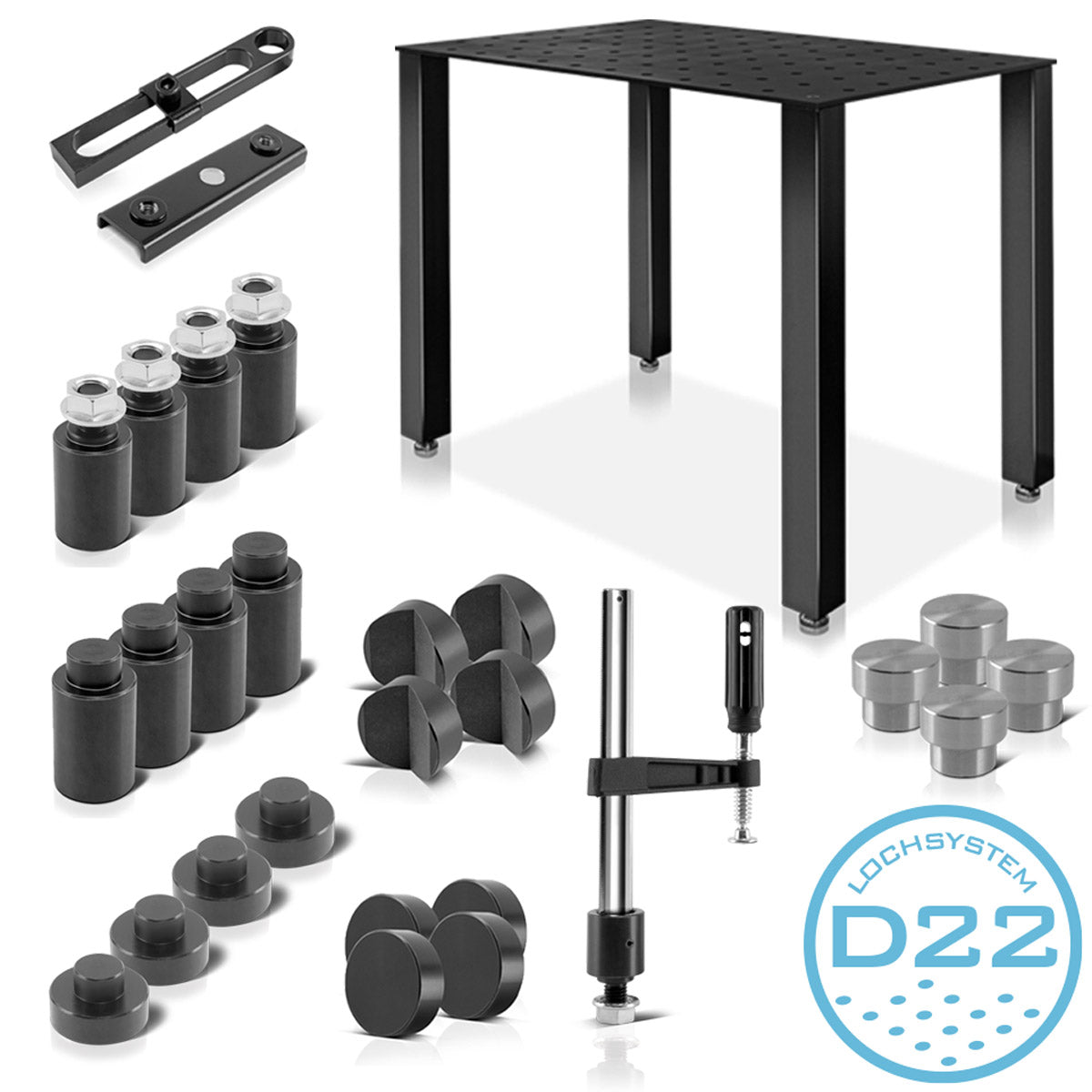 Juego de mesa de sudor de acero, mesa de ensamblaje con sistema de agujeros D22 y encimera de 12 mm como un kit de bricolaje en el set con trazos magnéticos, abrazaderas de tornillo, tensión, pinza y pernos de centrado