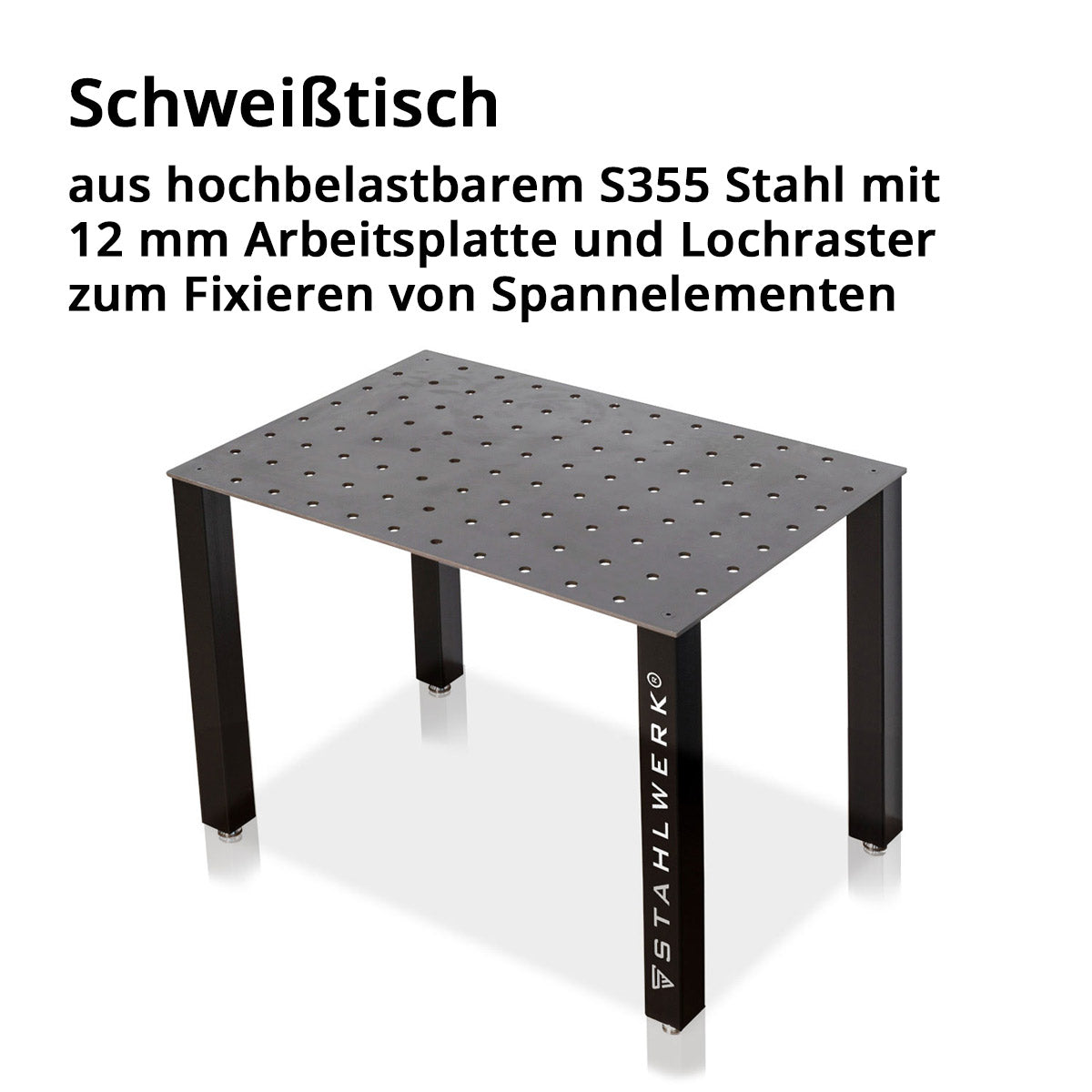 Juego de mesa de sudor de acero, mesa de ensamblaje con sistema de agujeros D22 y encimera de 12 mm como un kit de bricolaje en el set con trazos magnéticos, abrazaderas de tornillo, tensión, pinza y pernos de centrado