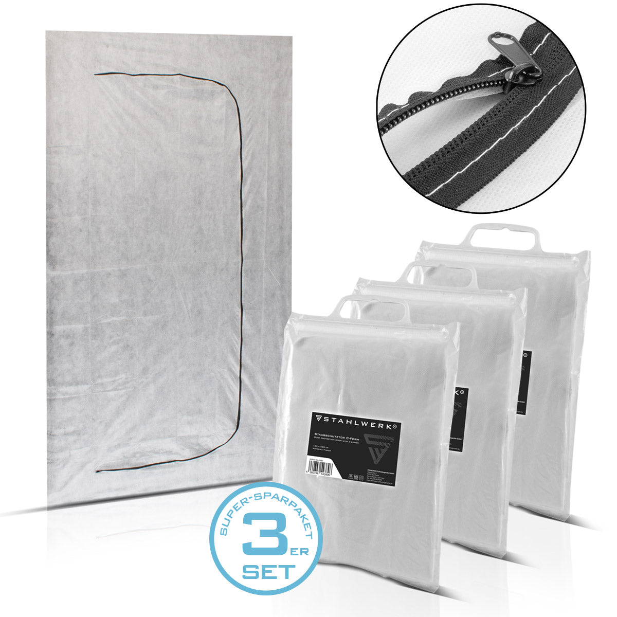 Stahlwerk Staub Protection Porte 3 Set C-Shape Casque Doche de poussière / Cercure de saleté / Curtain de poussière avec une fermeture à glissière intégrée