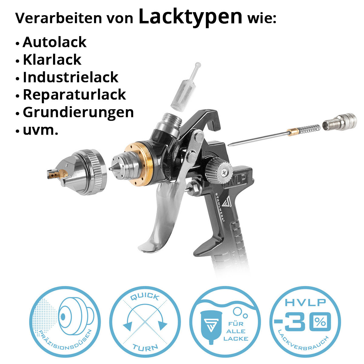 STAHLWERK HVLP Lackierpistole SG-600 ST mit 1,4 mm Düse und 600 ml Fließbecher, Lackierpistolen-Halter, Profi Spritzpistole / Sprühpistole / Spraypistole