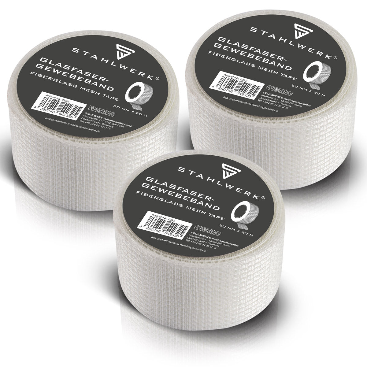Nastro tessuto in fibra di vetro in vetro in vetro 3 set 20 m x 50 mm, nastro articolare a secco autoadesivo / striscia di angolo di merluzzo / striscia di rinforzo con struttura a griglia per lavoro di riempimento