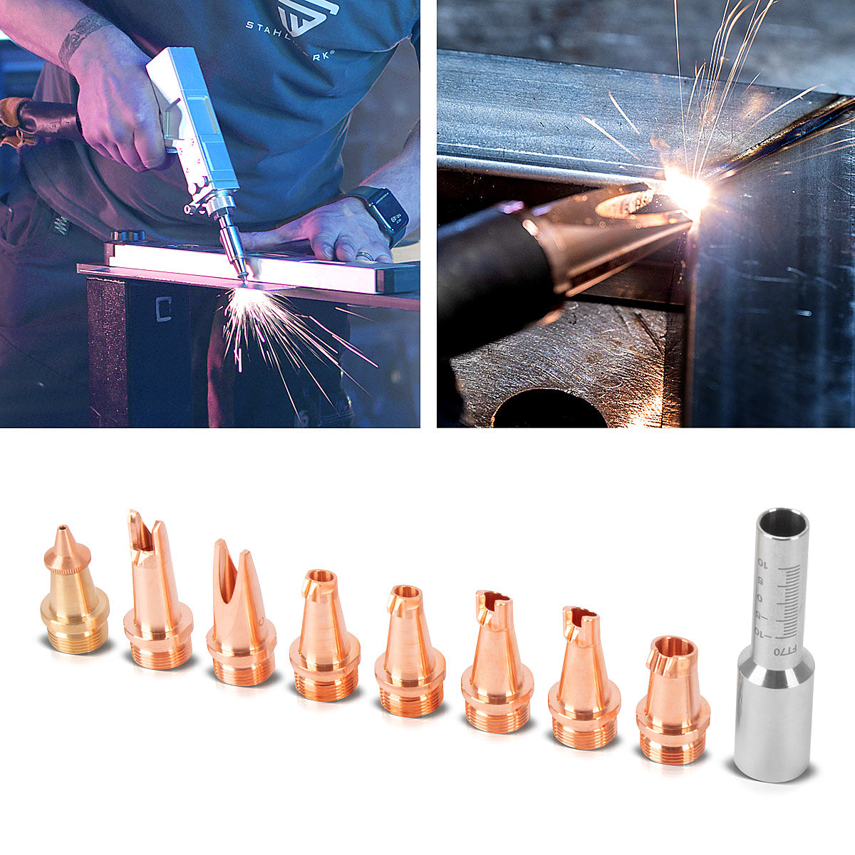 STAHLWERK Laser-Düsen 9er Set Profi-Zubehör für Laser-Schweißbrenner | Laser-Schweißgeräte mit 7 Schweißdüsen, 1 Schneiddüse und 1 Düsenträger inklusive Schutzbox