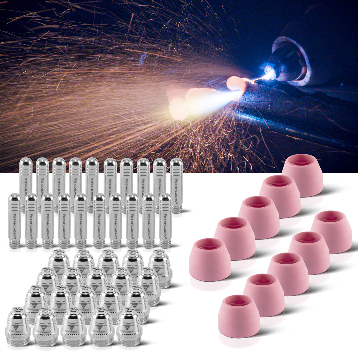 Accessoires en plasma AG-60 AG-60 Ensemble de 50 parties, portant des pièces Plasmadüsen + électrodes + capuchons en céramique pour le brûleur de coupe en plasma coupé AG-60 / SG-55