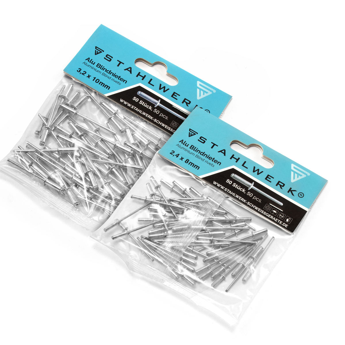 STAHLWERK 2er Set Alu-Blindnieten 2,4 x 8 mm + 3,2 x 10 mm - je 50 Stück
