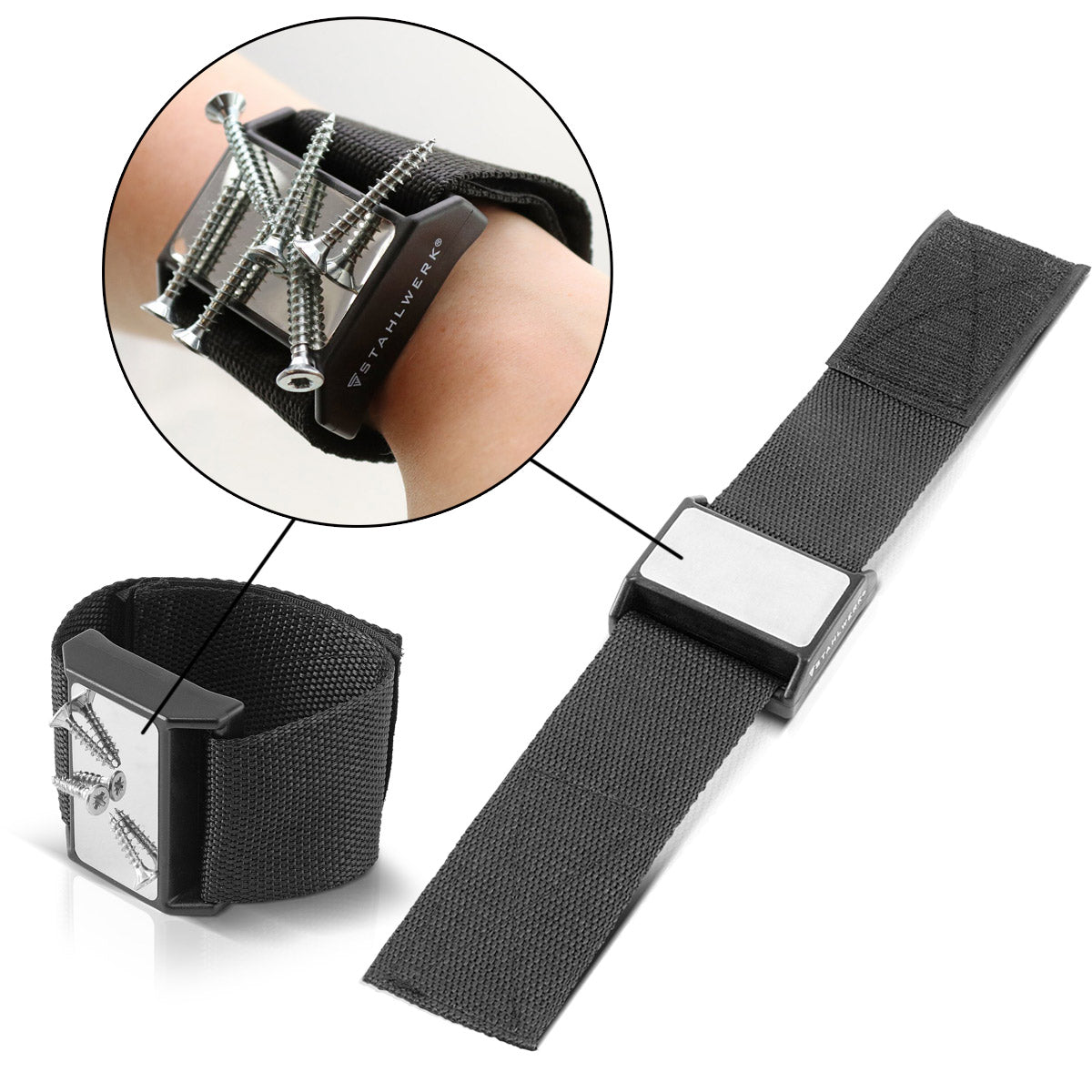 STAHLWERK magnetic bracelet for screws, magnetic small parts, screws, nails, bits, drills, tools, strong magnet, craftsmen, set of 2