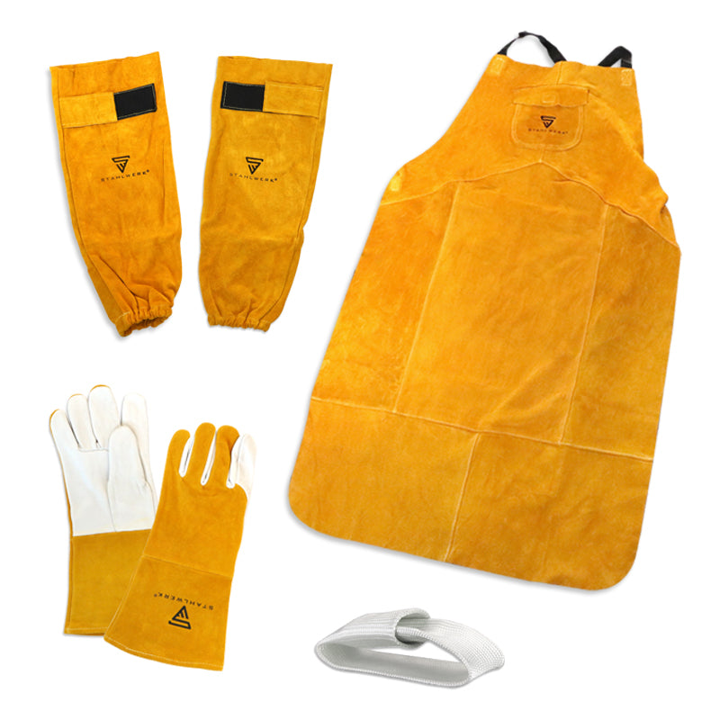 Ensemble de vêtements de protection de soudage en acierworks - tablier de soudage + gants de soudage + protection par pulvérisation des bras + doigts de perruque