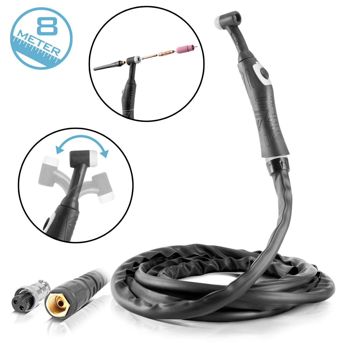 Steelworks WIG welding burner WP-26 with 8 meters of hose package up to 200 A, gas-cooled, 2-pin / Wig Brenner / Wig welding