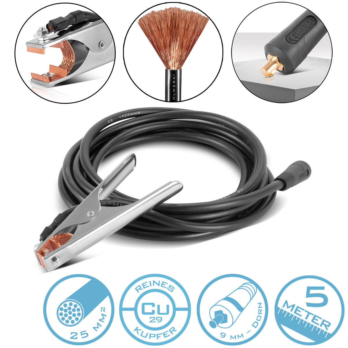 Steelworks Mass pliers up to 300 A mass cleme | Equipment clamp including a 5 m welding cable | Mass cable made of pure copper with 25 mm² and 9 mm plug