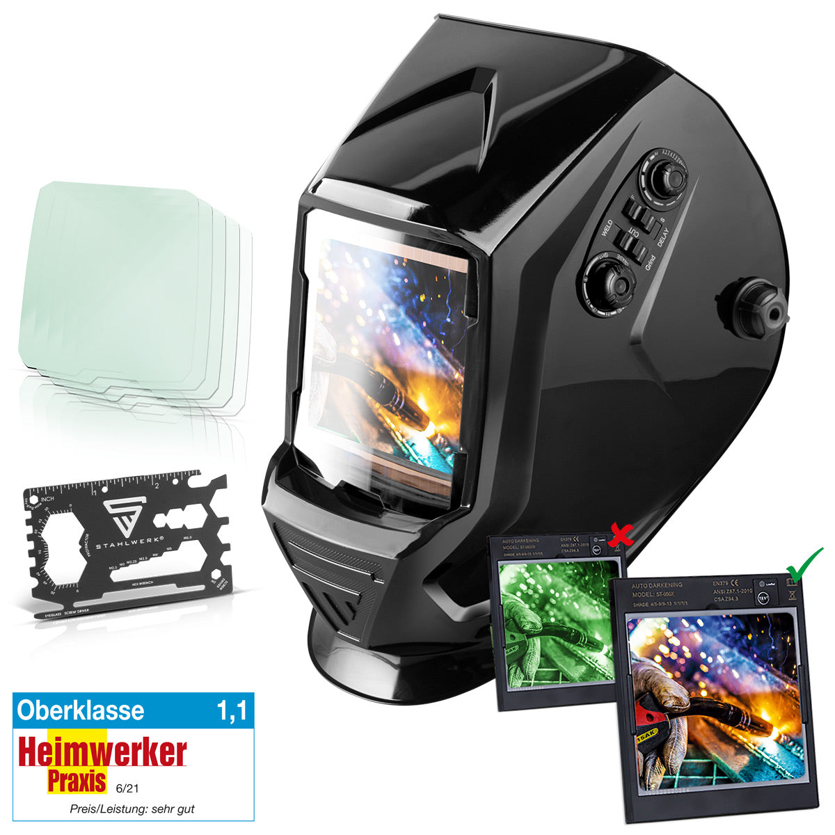 STAHLWERK Vollautomatik Real Colour Schweißhelm mit 3-in-1-Funktion ST-990 XB, schwarz glänzend