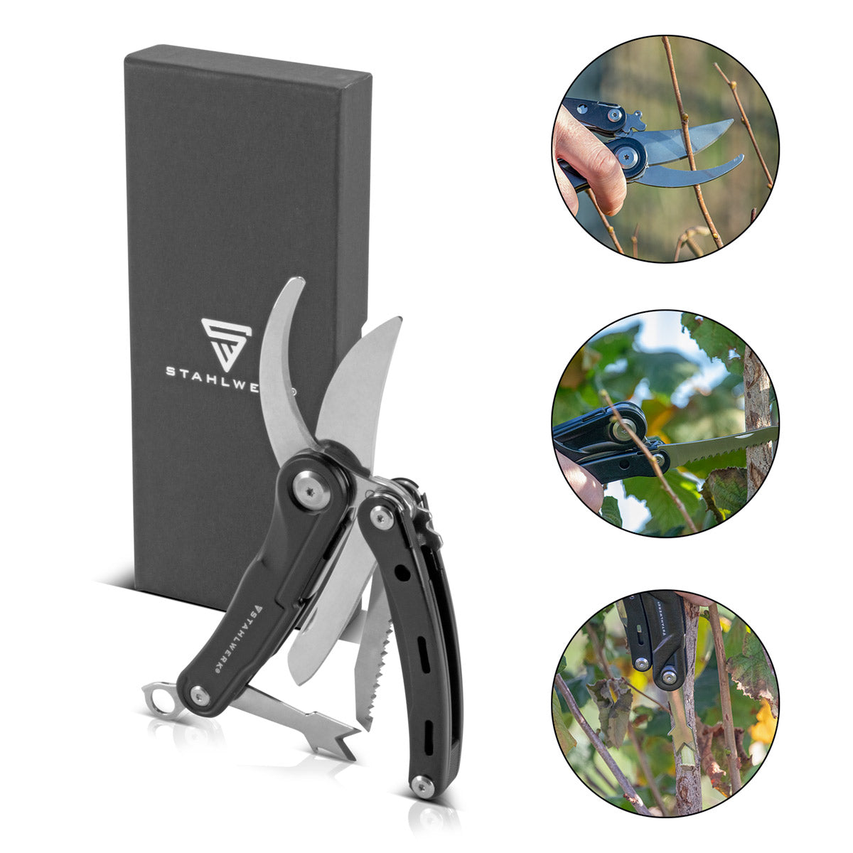 STAHLWERK Multitool mit 5 Werkzeugen, hochwertiges Taschenmesser / Klappmesser/ Multifunktionswerkzeug mit Gartenschere, Säge, Messer, Wurzelstecher und Öse