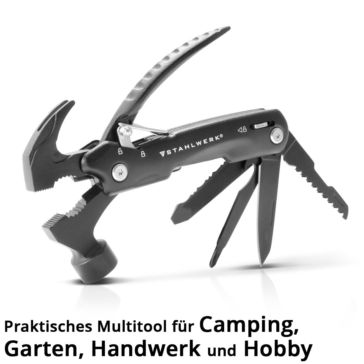 Steelwork Multi -Tool con 12 herramientas, navaja de bolsillo de alta calidad / cuchillo plegable / herramienta multifuncional con martillo, cuchillo, sierra, archivo, combinación, destornillador, etc., incluida la linterna LED